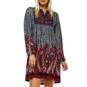 White Mark Blue Long Sleeve Sundress with Plunge Neckline MED 1306